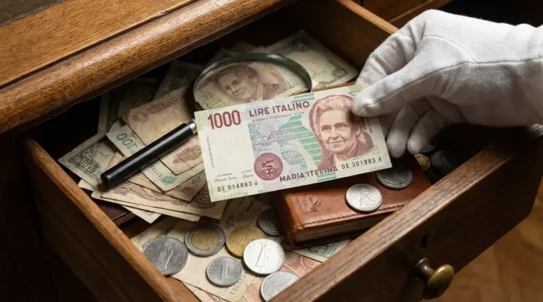 Banconota da 1.000 lire con Maria Montessori tenuta con un guanto sopra vecchie lire e monete in un cassetto