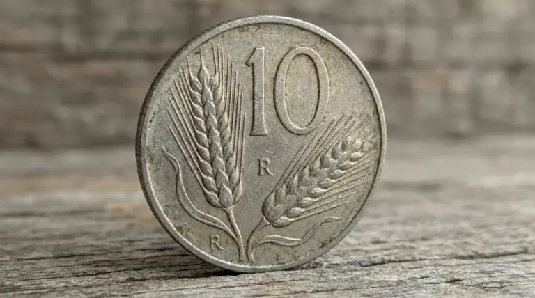Primo piano di una moneta italiana da 10 lire Spiga appoggiata su una superficie di legno