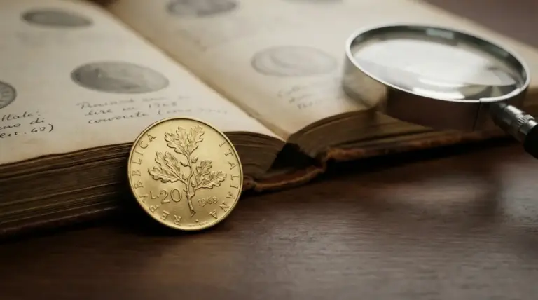 Moneta italiana da 20 lire del 1968 con ramo di quercia, appoggiata su un libro antico accanto a una lente