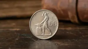 Moneta italiana da 50 lire del 1958 appoggiata su un tavolo di legno, fotografata in primo piano