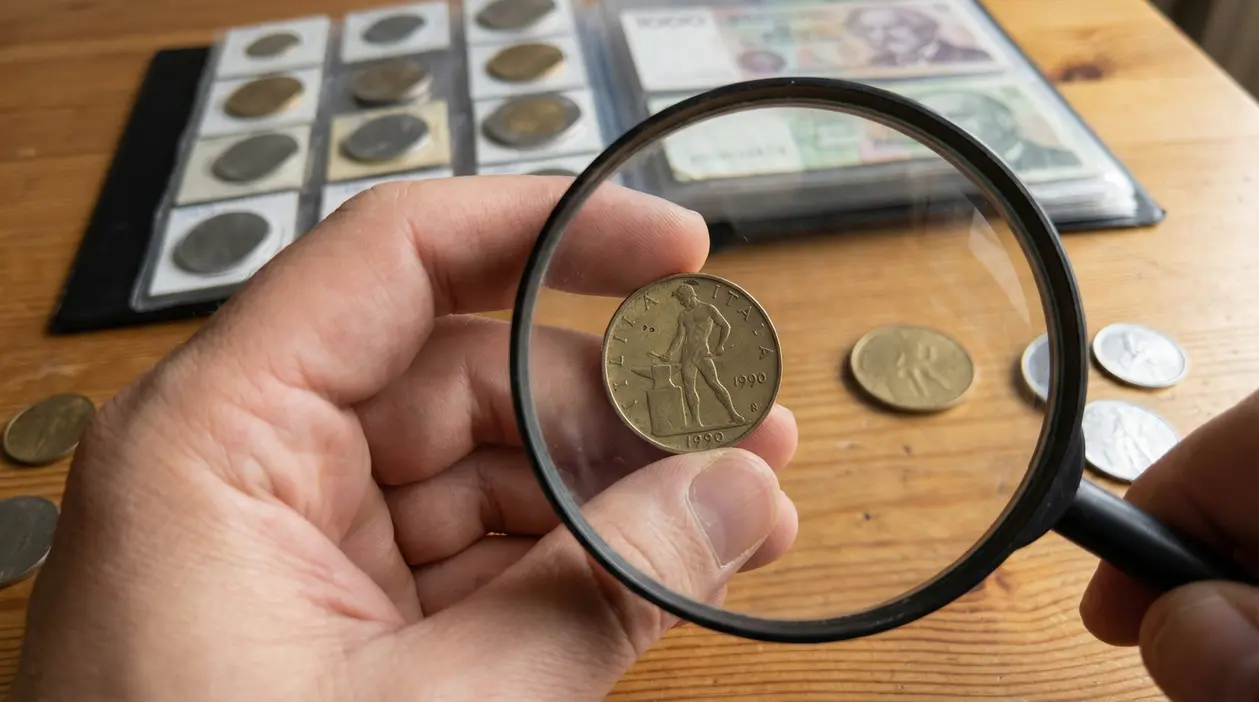 Moneta da 50 lire del 1990 osservata con una lente d’ingrandimento accanto a un album da collezione