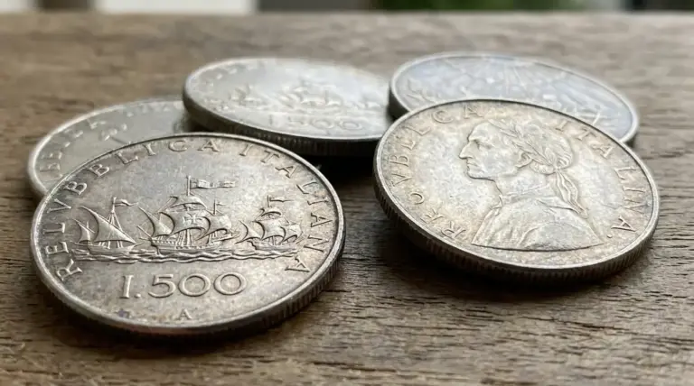 Monete da 500 lire d’argento italiane appoggiate su un tavolo in legno, viste in primo piano
