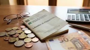 Libretto di risparmio con monete euro, banconota da 50 euro, calcolatrice e occhiali su un tavolo