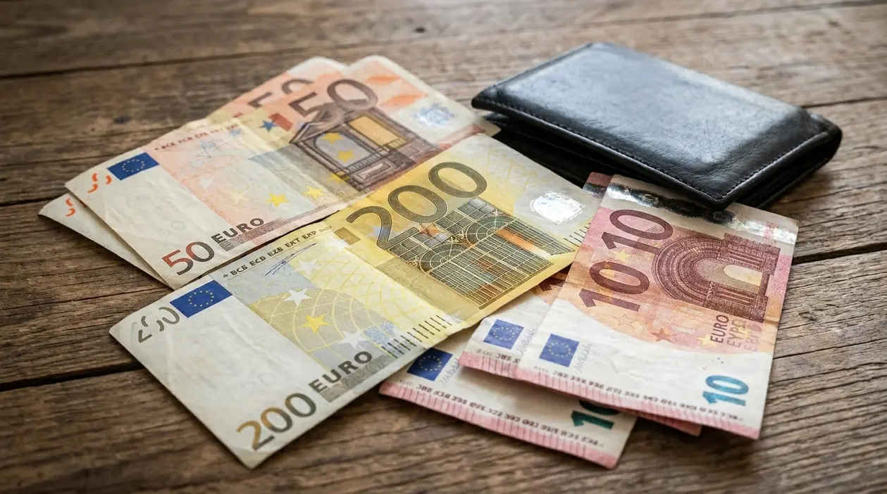 Banconote in euro da 10, 50 e 200 accanto a un portafoglio su un tavolo di legno