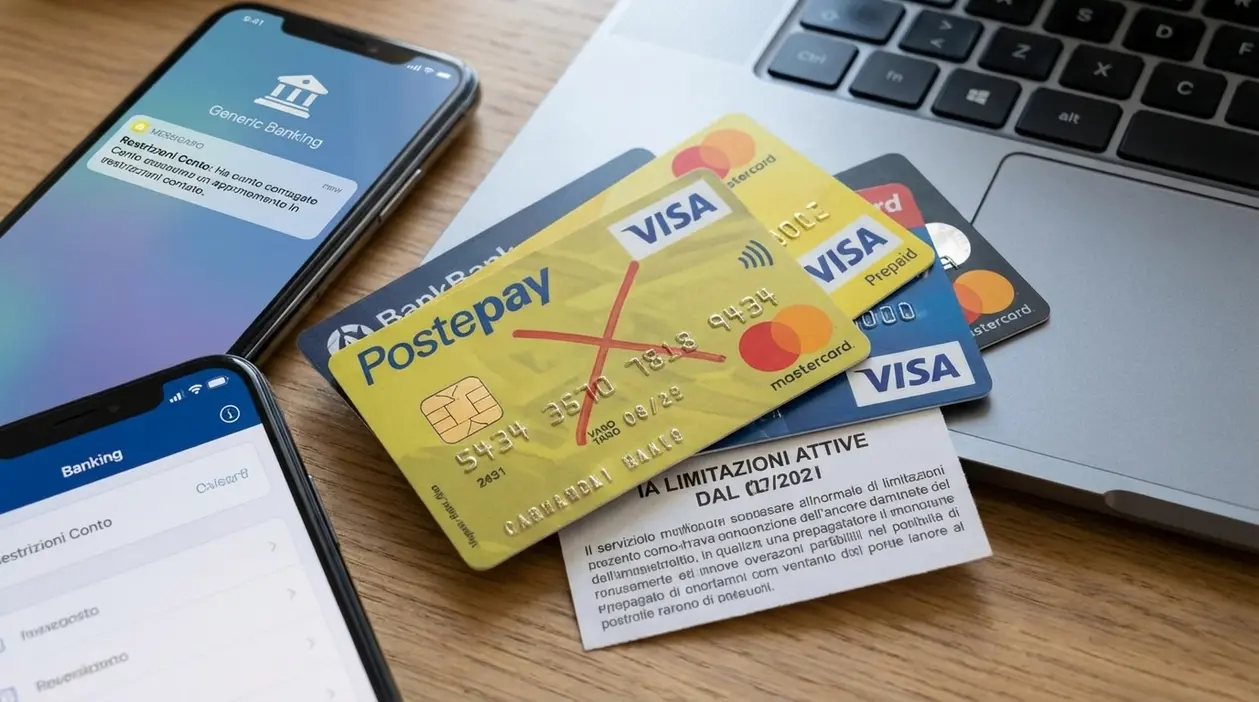 Carte prepagate su un laptop accanto a smartphone con app bancaria, simbolo di nuove limitazioni operative