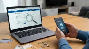 Persona controlla il conto corrente online da laptop e smartphone con carta, contanti e monete sul tavolo