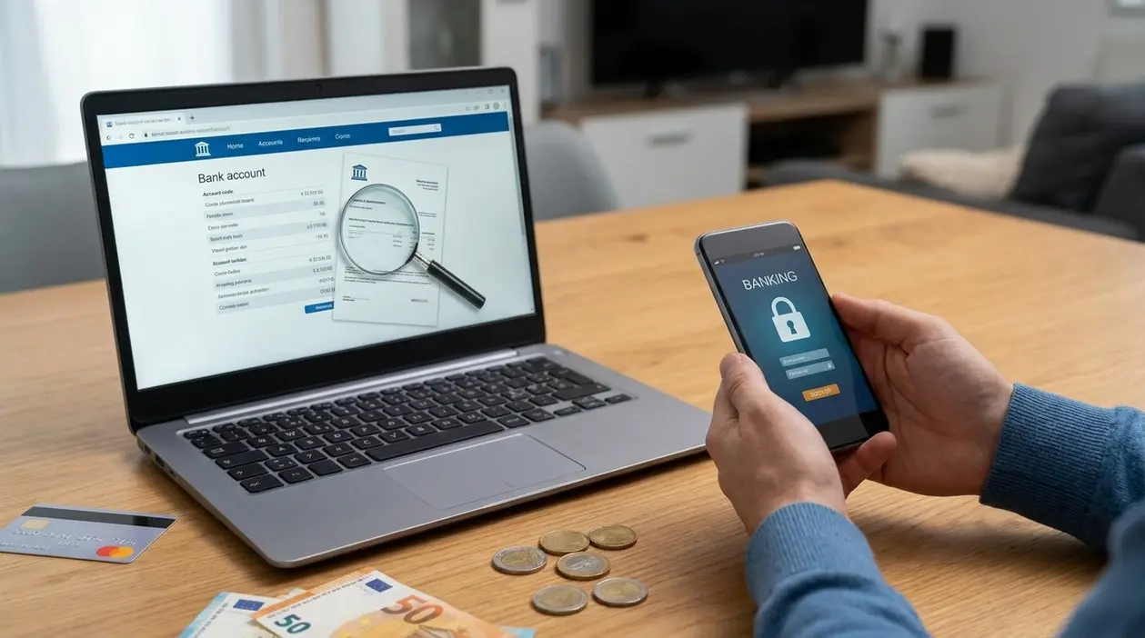 Persona controlla il conto corrente online da laptop e smartphone con carta, contanti e monete sul tavolo
