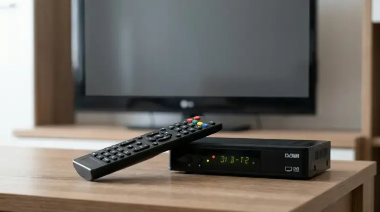 Telecomando e decoder DVB-T2 davanti a un televisore spento su un mobile in salotto