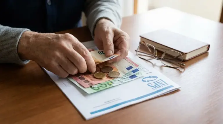 Persona anziana conta euro sopra un documento INPS, tema pensioni e possibile taglio dell’assegno
