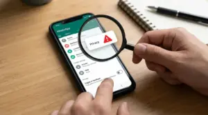 Smartphone con schermata WhatsApp osservata con una lente d’ingrandimento, focus sulle impostazioni privacy