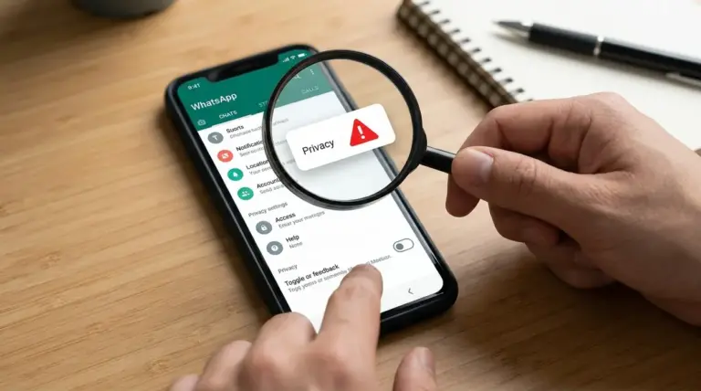 Smartphone con schermata WhatsApp osservata con una lente d’ingrandimento, focus sulle impostazioni privacy