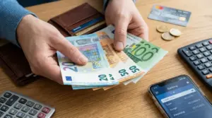 Persona che conta banconote in euro accanto a portafoglio, carta, calcolatrice e smartphone bancario