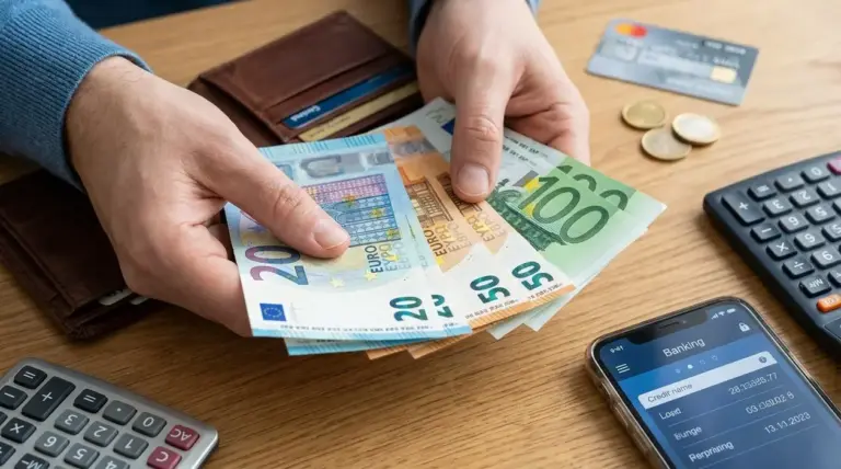 Persona che conta banconote in euro accanto a portafoglio, carta, calcolatrice e smartphone bancario