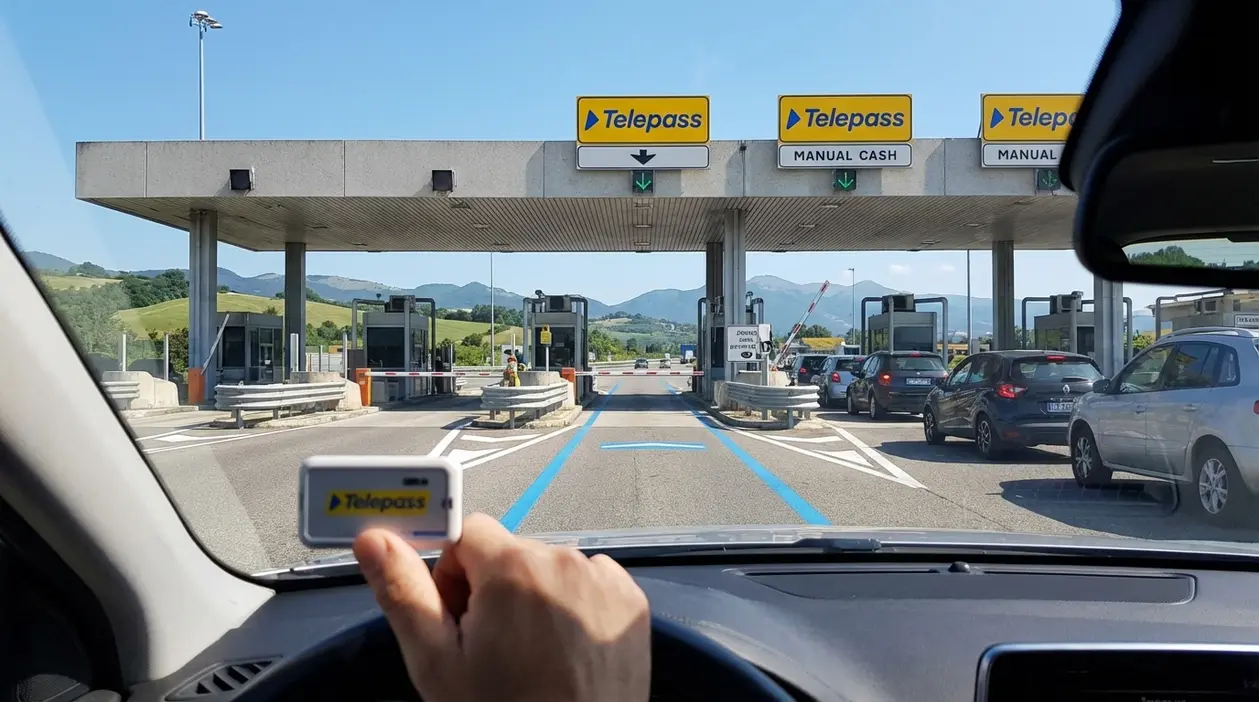Auto in avvicinamento al casello autostradale con dispositivo di telepedaggio in primo piano