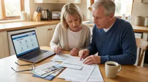 Coppia over 55 consulta documenti e computer per richiedere un sostegno economico da casa