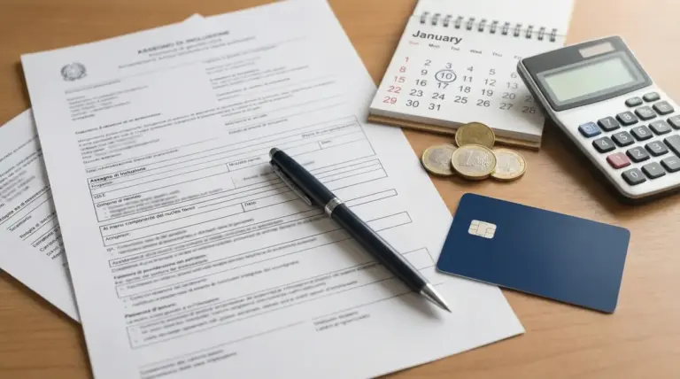 Modulo per l’assegno di inclusione con penna, calcolatrice, calendario, monete e carta su un tavolo