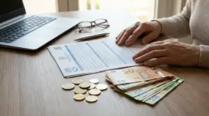 Persona al tavolo con modulo INPS, banconote in euro e computer, in contesto legato all’assegno di vedovanza