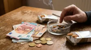 Mano con sigaretta accesa accanto a pacchetti, posacenere e soldi in euro su un tavolo