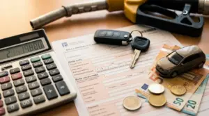 Calcolatrice, chiavi auto, modulo del bollo, carburante e soldi per l’aumento della tassa auto