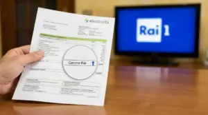 Mano che mostra una bolletta elettrica con addebito del canone Rai, con televisore acceso sullo sfondo