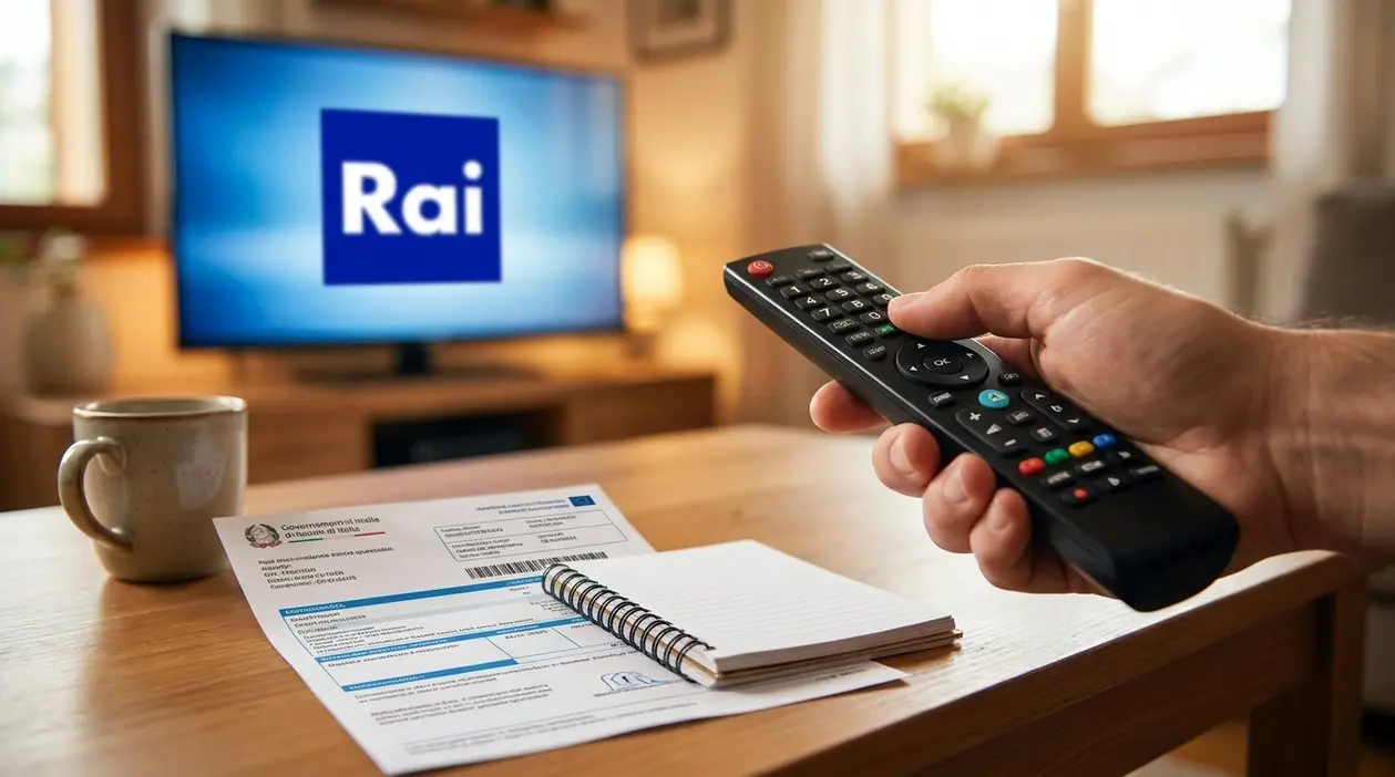 Persona con telecomando davanti alla TV Rai e bolletta sul tavolo, simbolo dell'aumento del canone Rai