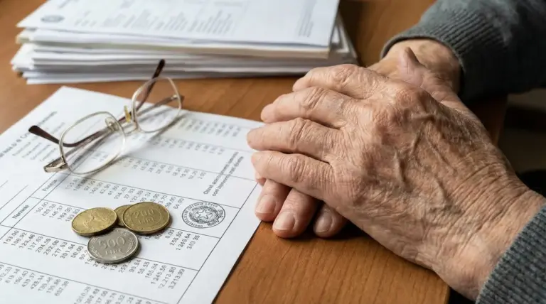 Mani di una persona anziana su documenti con occhiali e monete, simbolo dell’aumento delle pensioni