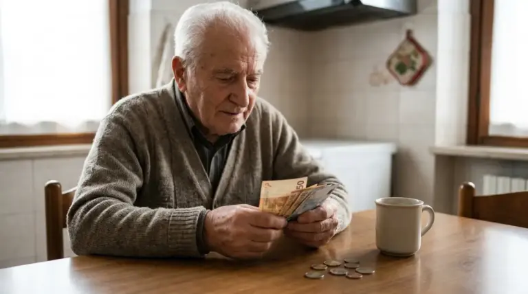 Anziano seduto al tavolo di casa conta banconote e monete, simbolo dell’aumento delle pensioni minime