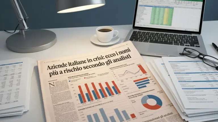 Scrivania con giornale economico, laptop con foglio di calcolo e documenti su aziende italiane in crisi