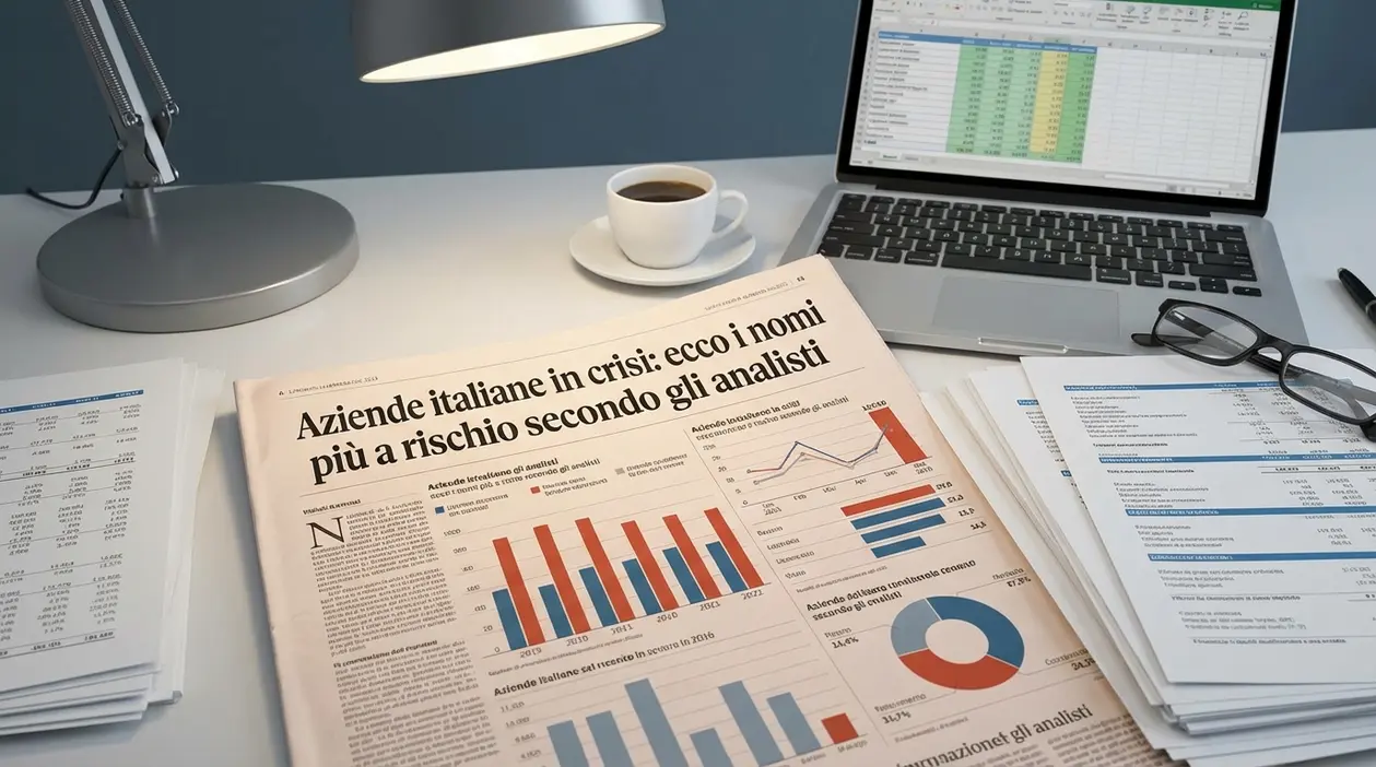 Scrivania con giornale economico, laptop con foglio di calcolo e documenti su aziende italiane in crisi