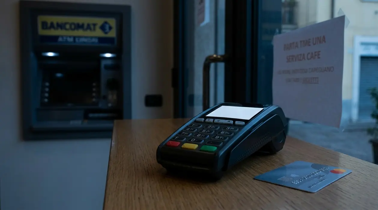 Terminale POS e carta bancaria su un bancone, con bancomat sullo sfondo fuori fuoco