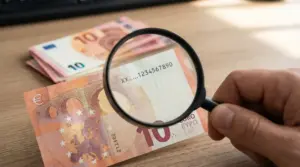 Mano con lente d’ingrandimento che controlla il seriale di una banconota da 10 euro su un tavolo