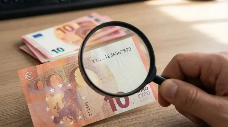 Mano con lente d’ingrandimento che controlla il seriale di una banconota da 10 euro su un tavolo
