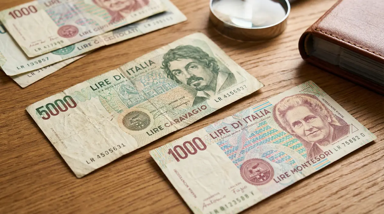 Vecchie banconote italiane da 1000 e 5000 lire su tavolo in legno con lente, legate al collezionismo numismatico