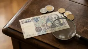 Banconota da 10.000 lire su un tavolo con monete e lente d’ingrandimento, simbolo del valore numismatico