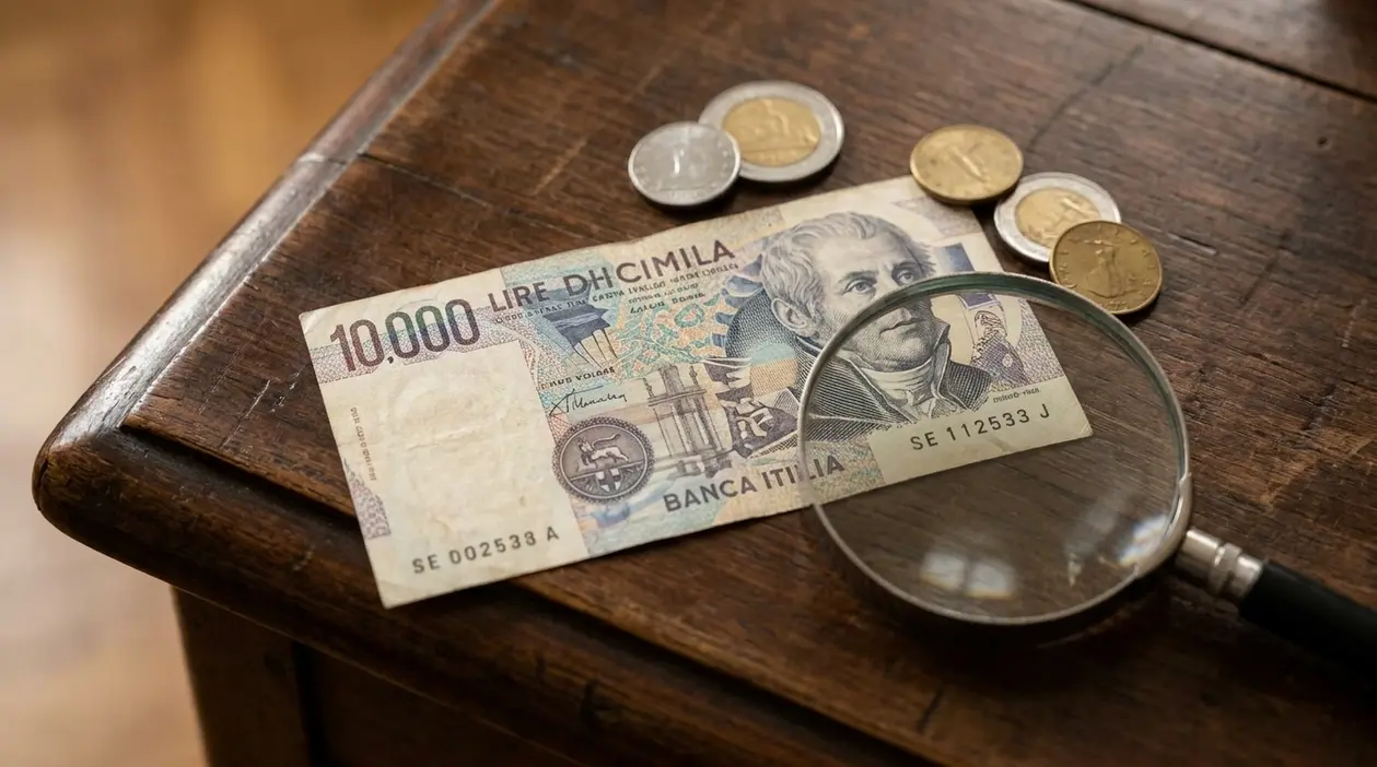 Banconota da 10.000 lire su un tavolo con monete e lente d’ingrandimento, simbolo del valore numismatico