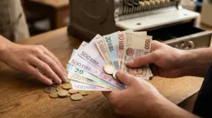 Persona che paga con banconote e monete al banco, incluse valute non più in corso