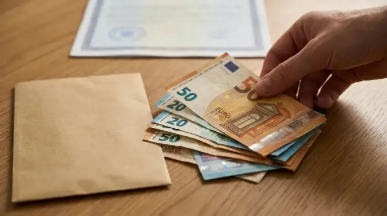 Mano che tiene banconote in euro accanto a una busta su un tavolo, tema banconote ritirate dal mercato