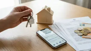 Mano con chiavi di casa accanto a documenti, smartphone e denaro per il bonus affitto