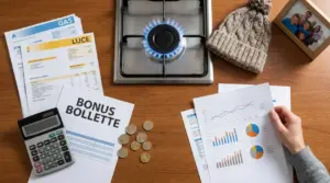 Bollette luce e gas, fornello acceso, calcolatrice e documenti su un tavolo per il tema bonus bollette