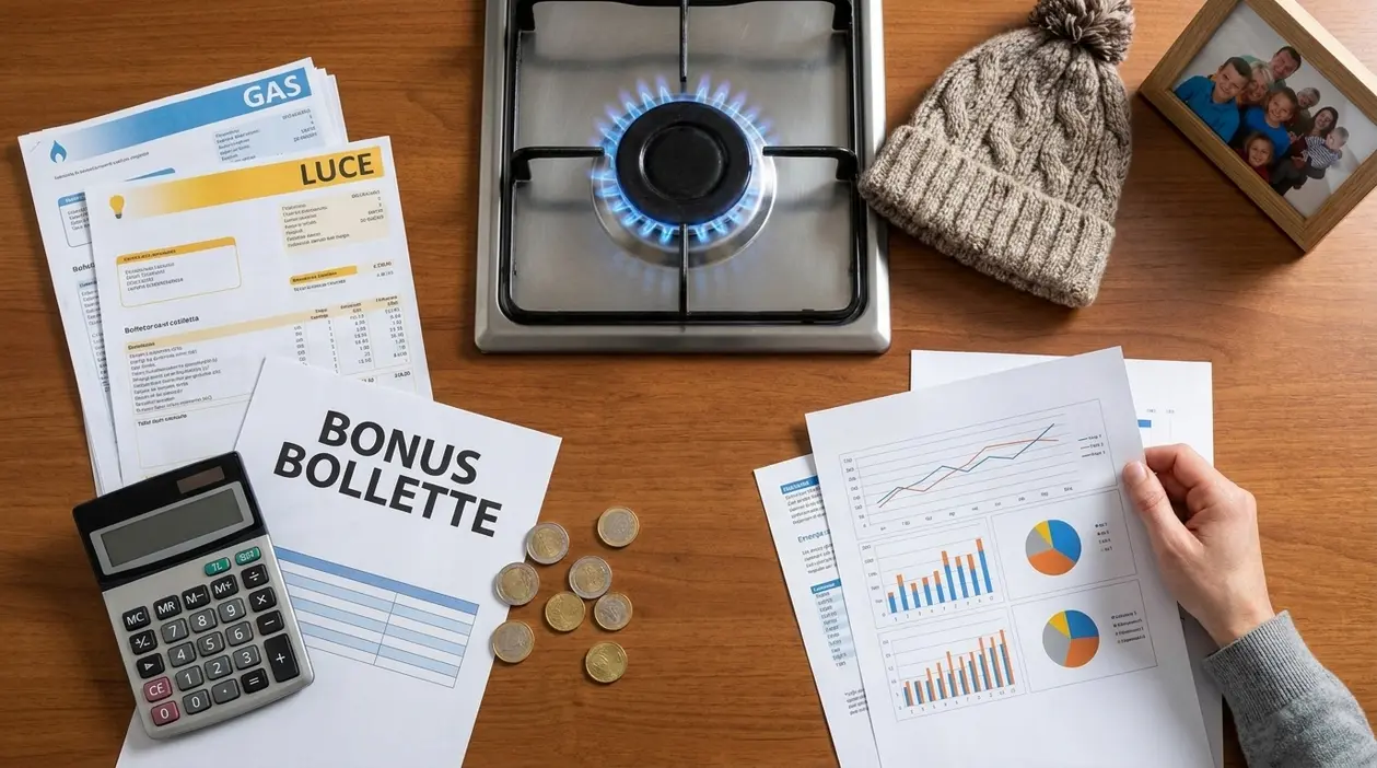 Bollette luce e gas, fornello acceso, calcolatrice e documenti su un tavolo per il tema bonus bollette