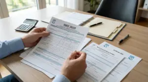 Persona che controlla documenti ISEE e moduli bonus al CAF su una scrivania con calcolatrice