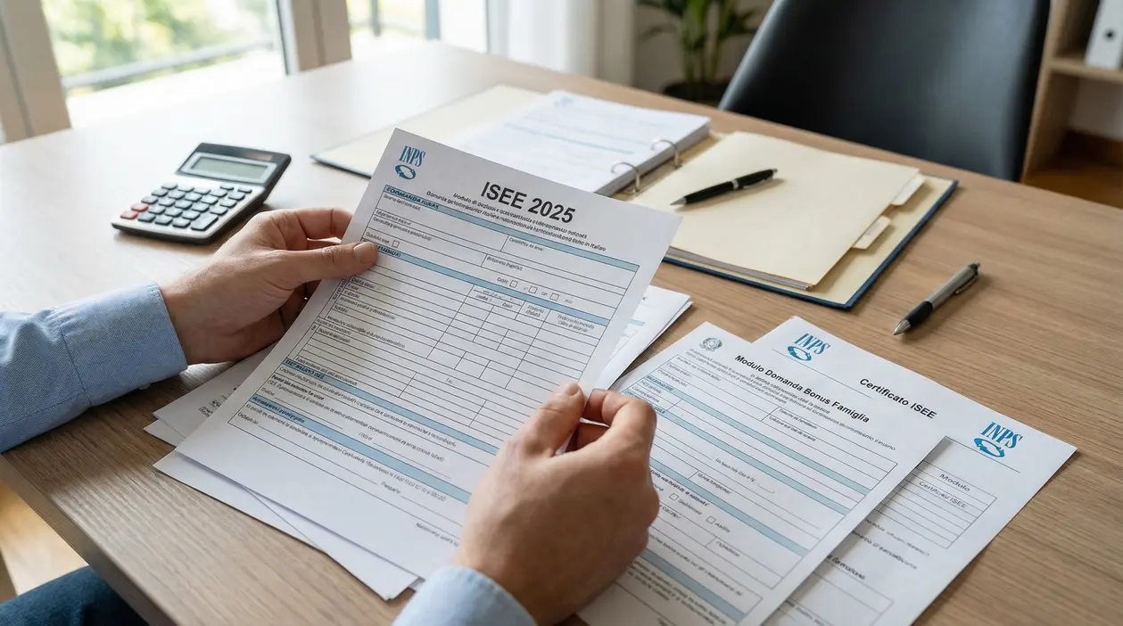 Persona che controlla documenti ISEE e moduli bonus al CAF su una scrivania con calcolatrice