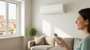 Donna in soggiorno usa il telecomando del condizionatore split a parete in casa luminosa