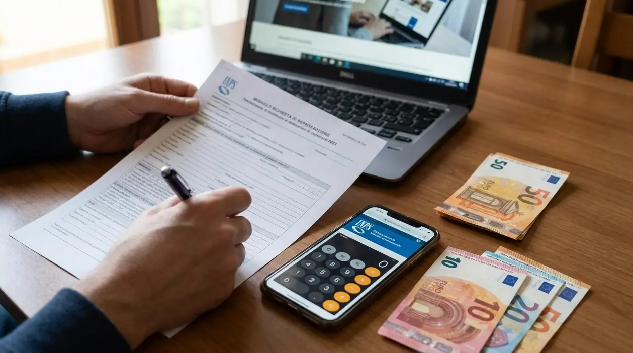 Persona che compila una domanda di bonus al tavolo con laptop, smartphone e banconote in euro