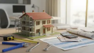 Modello di casa con impalcatura, attrezzi, calcolatrice e documenti per bonus ristrutturazione