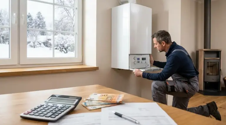 Tecnico controlla una caldaia domestica con calcolatrice e banconote sul tavolo, tema bonus sostituzione
