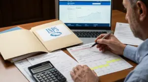 Persona controlla documenti INPS e simulazioni al computer sui buchi contributivi e la pensione futura