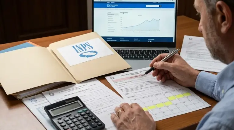 Persona controlla documenti INPS e simulazioni al computer sui buchi contributivi e la pensione futura