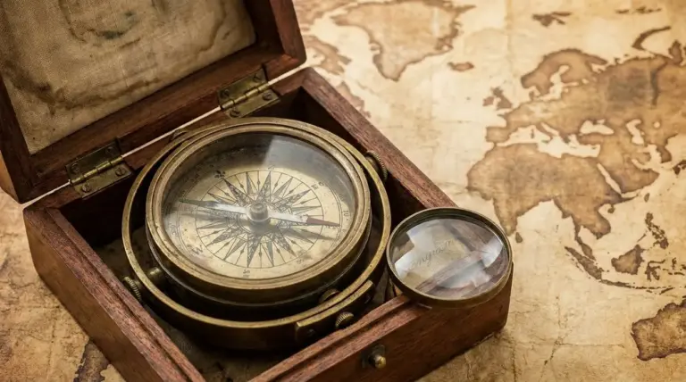 Bussola nautica d’epoca in ottone dentro una scatola di legno, appoggiata su una vecchia mappa