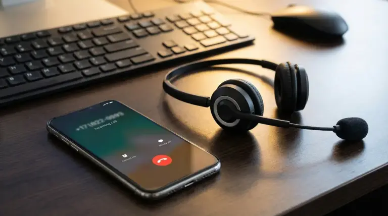 Smartphone con chiamata in arrivo e cuffie con microfono su una scrivania, tema call center e telefonate indesiderate